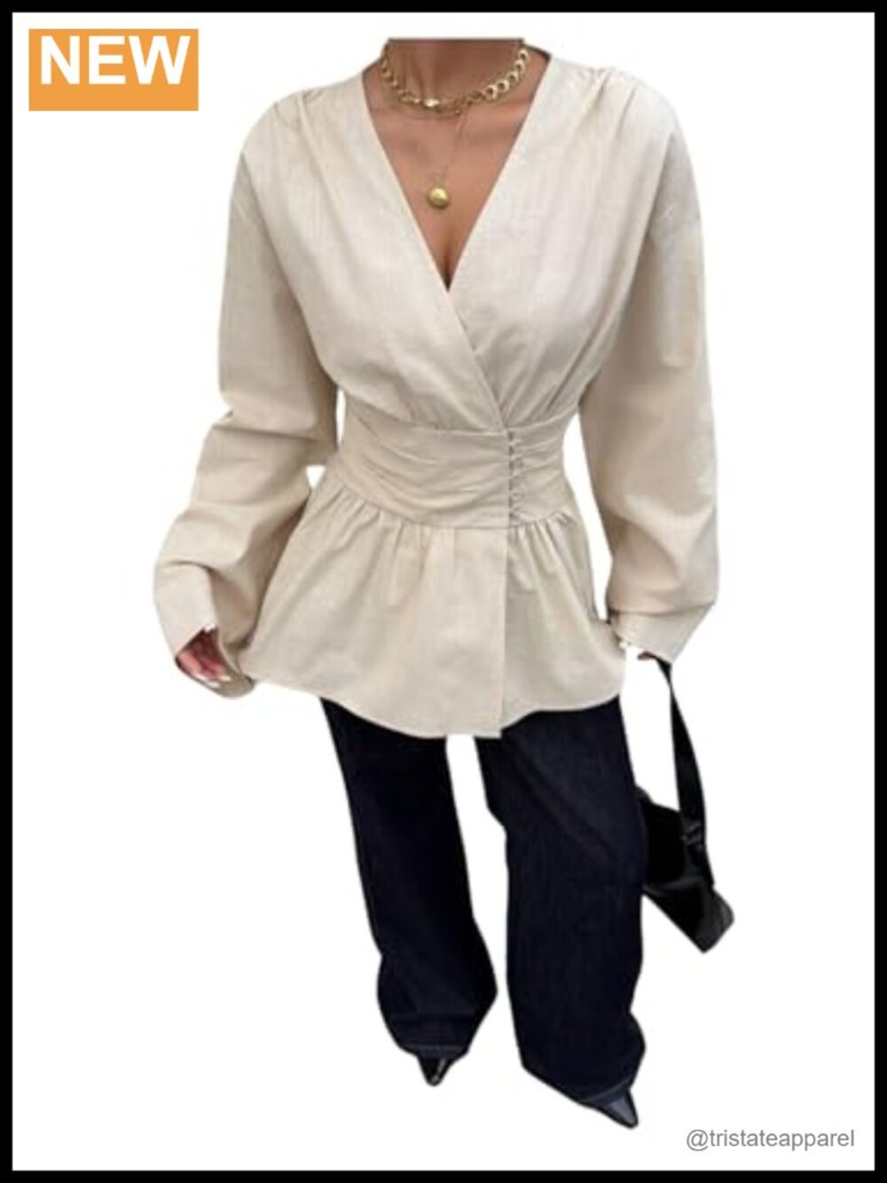V Neck Wrap Peplum Top Long Sleeve Cinched Blouse Ruffle Office Shirt